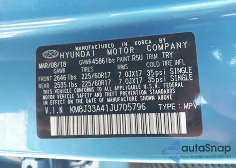 2018 Hyundai Tucson Sel z USA, uszkodzony, nr VIN KM8J33A41JU705796